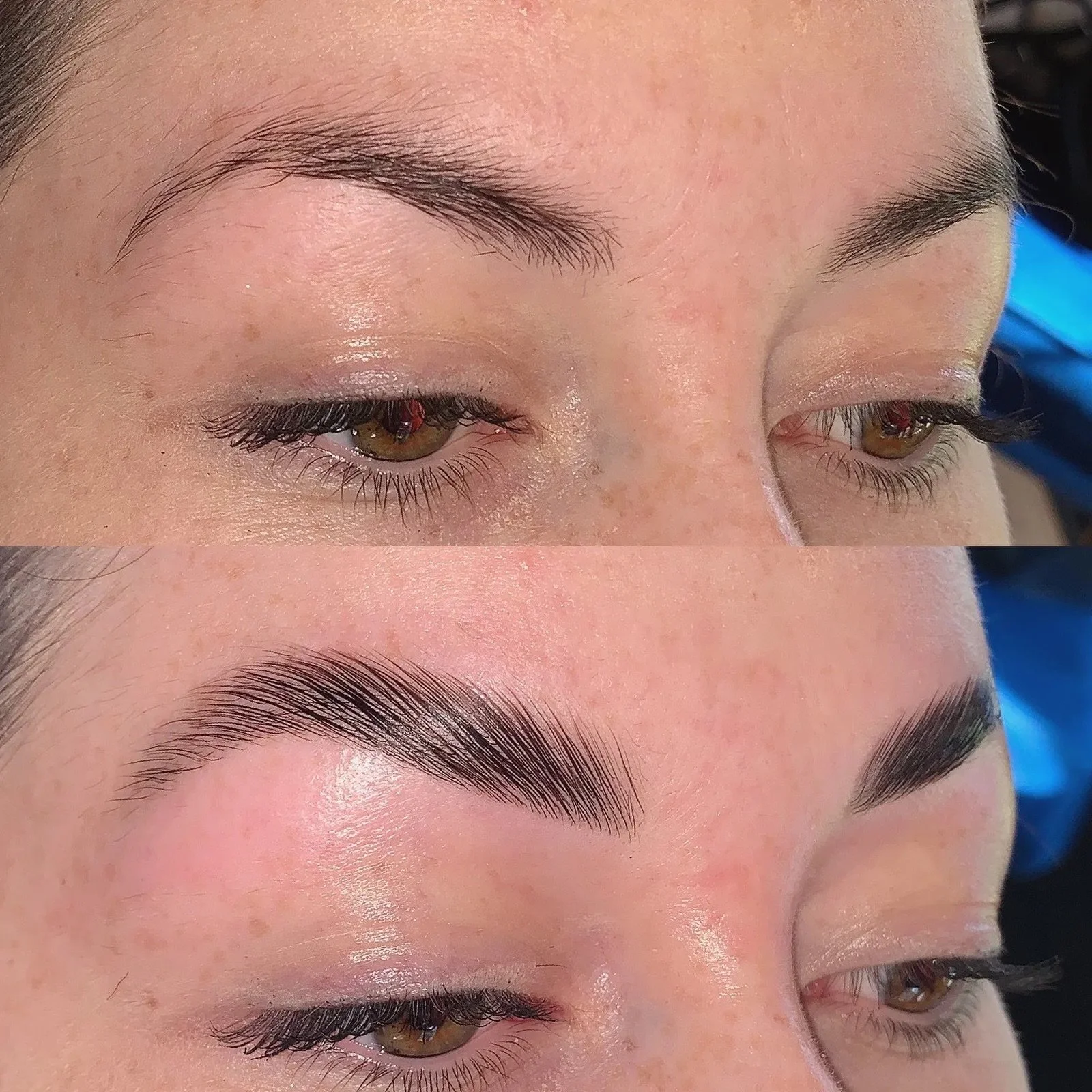 Close-up of a woman getting an eyebrow tint and lamination.