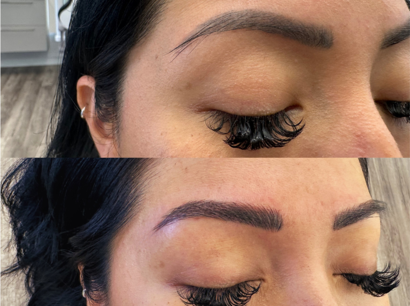 Close-up of a woman's eye area showing before and after correction of an old eyebrows tattoo.