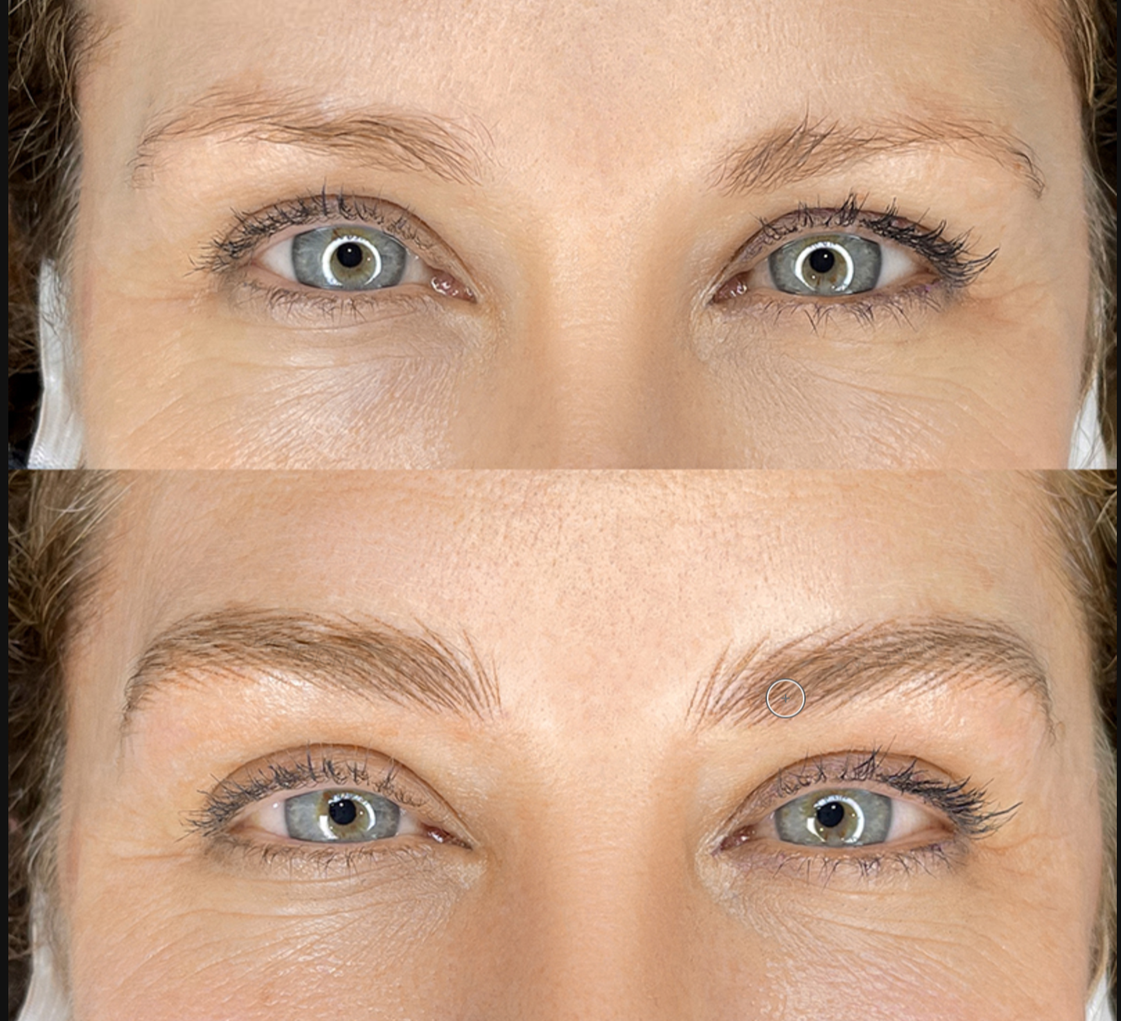 Close-up of a woman's eyes and eyebrows, demonstrating before and after cosmetic treatment results.
