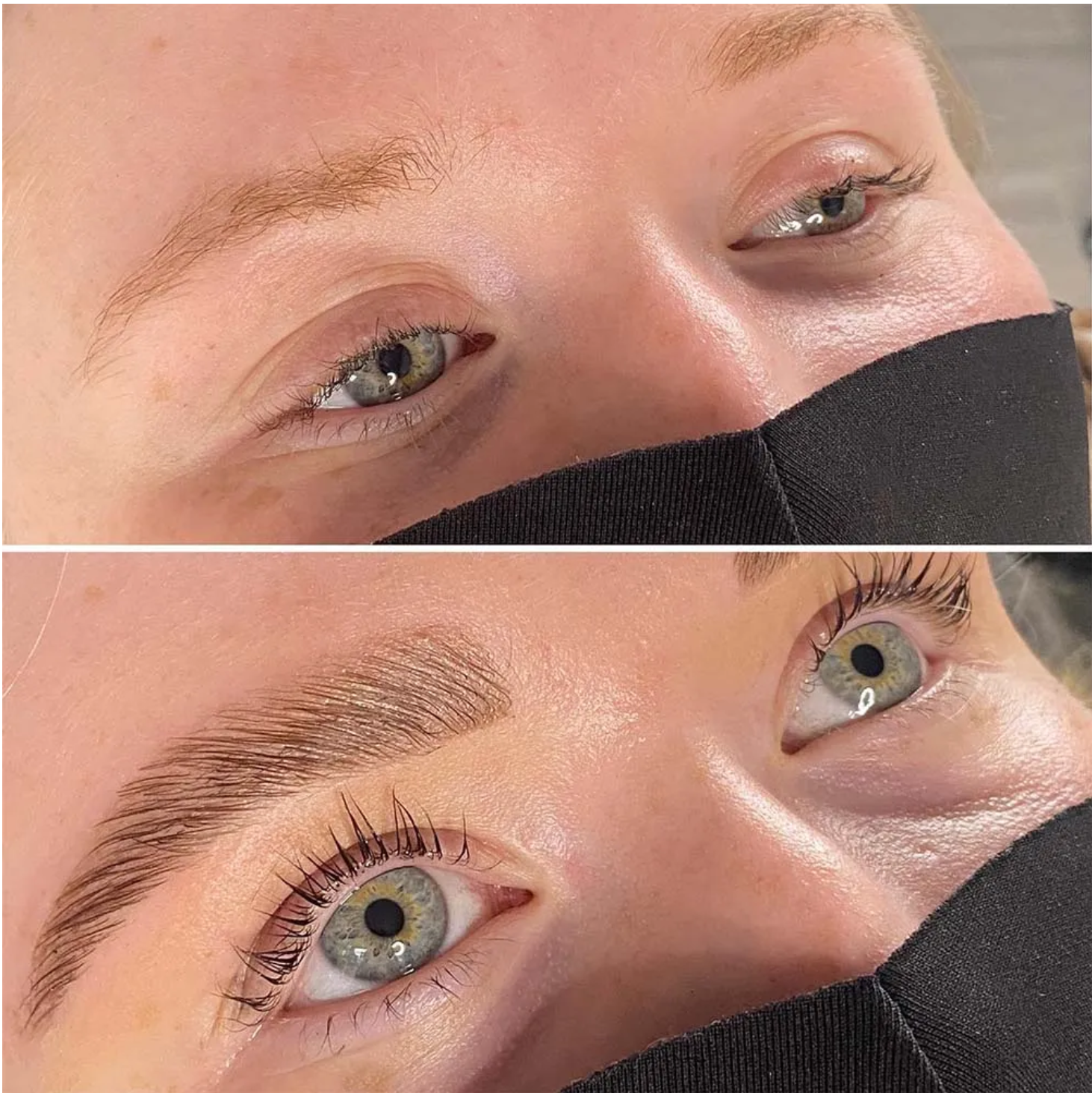 Close-up of a person's eye and eyebrow before and after nano combination, showing natural brows and the newly lifted long, curled lashes.