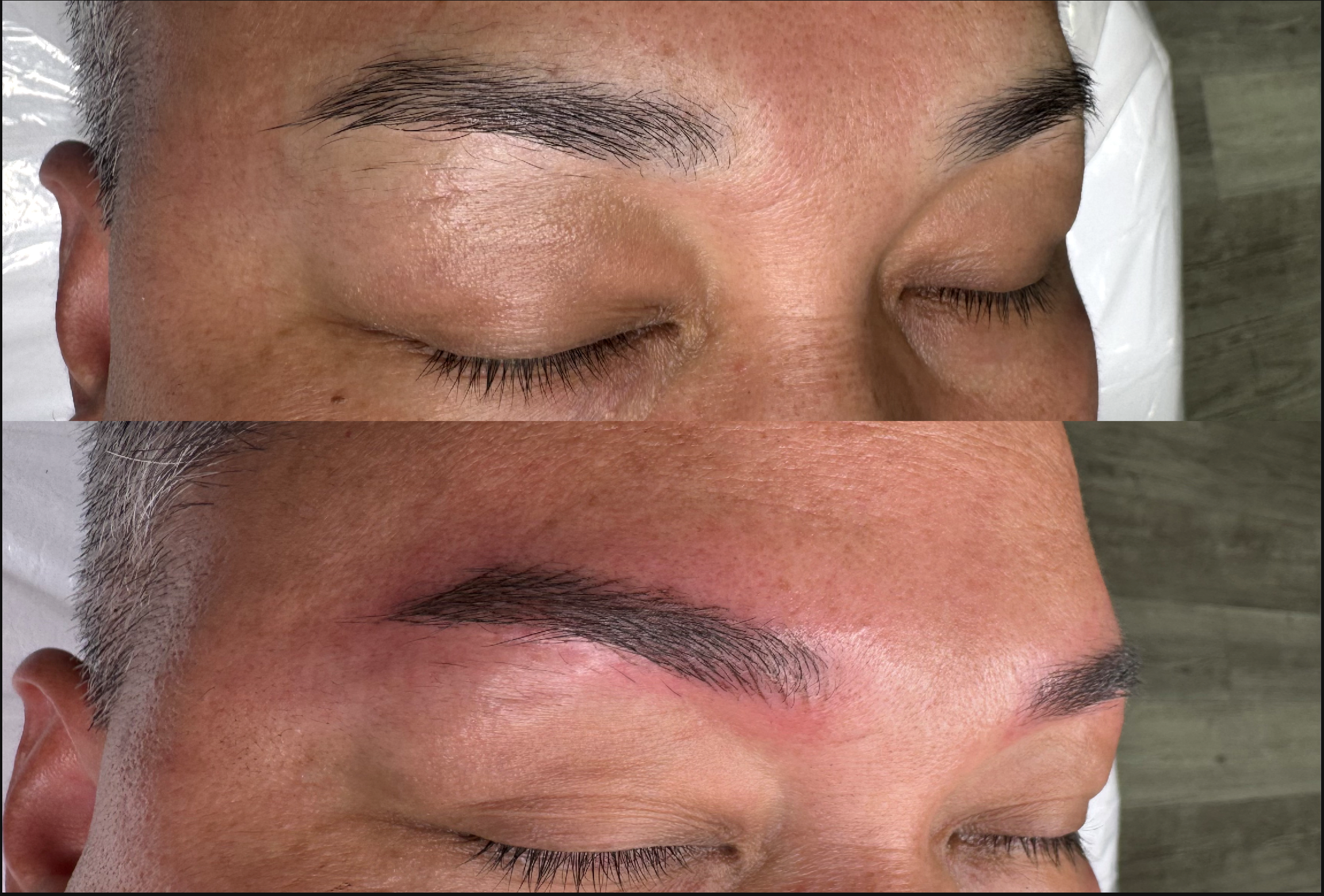Close-up of a person's closed eyes showing before and after nanoblading procedure.