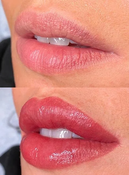 Close-up of lips before and after applying lipstick, showing a transformation from natural to glossy red lips.