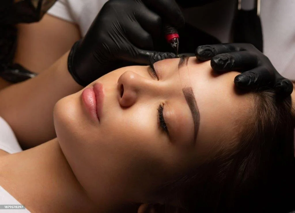 Woman receiving a microblading eyebrow tattooing procedure, with technician wearing black gloves using a fine pen to fill in her eyebrows.