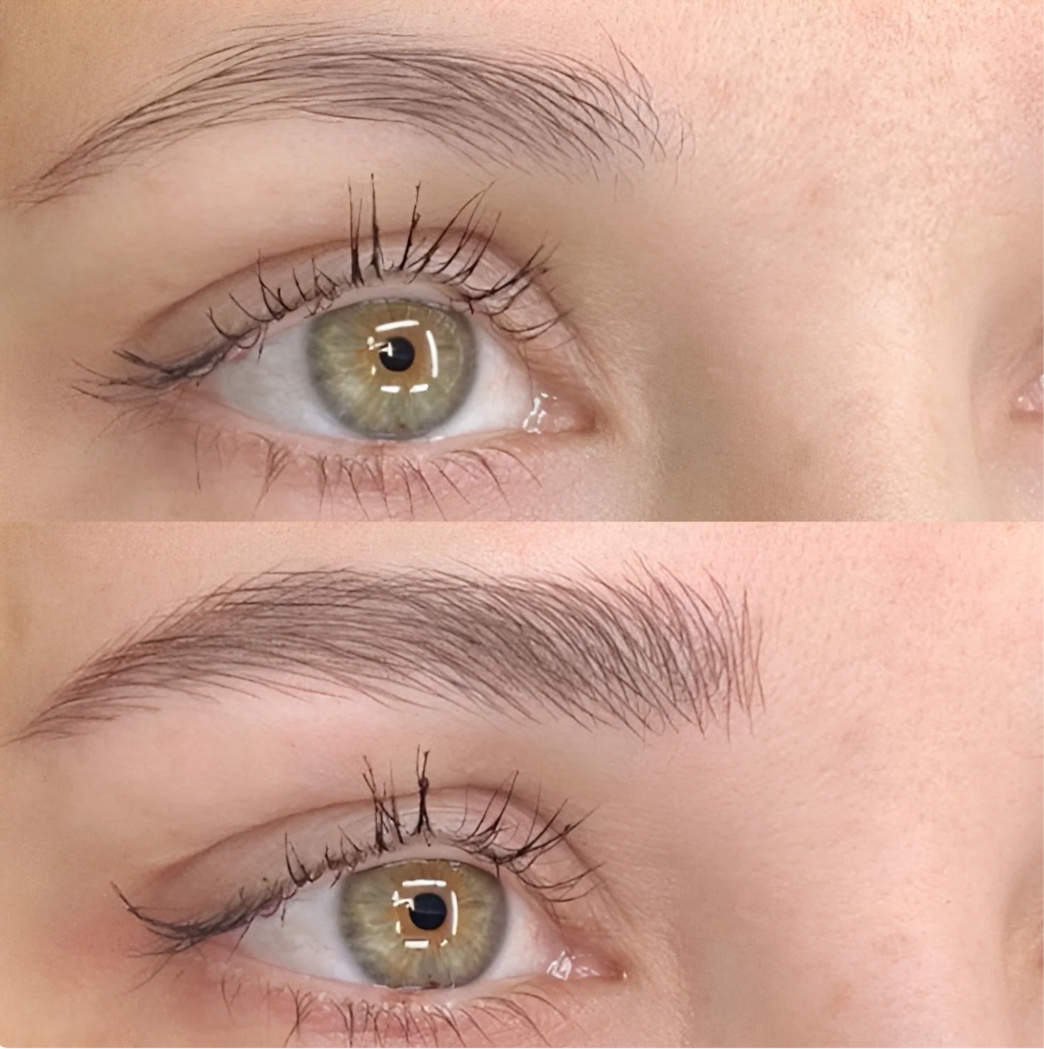 Close-up of a person's eye with detailed eyebrow, microbladed, showing natural skin texture and eye color.