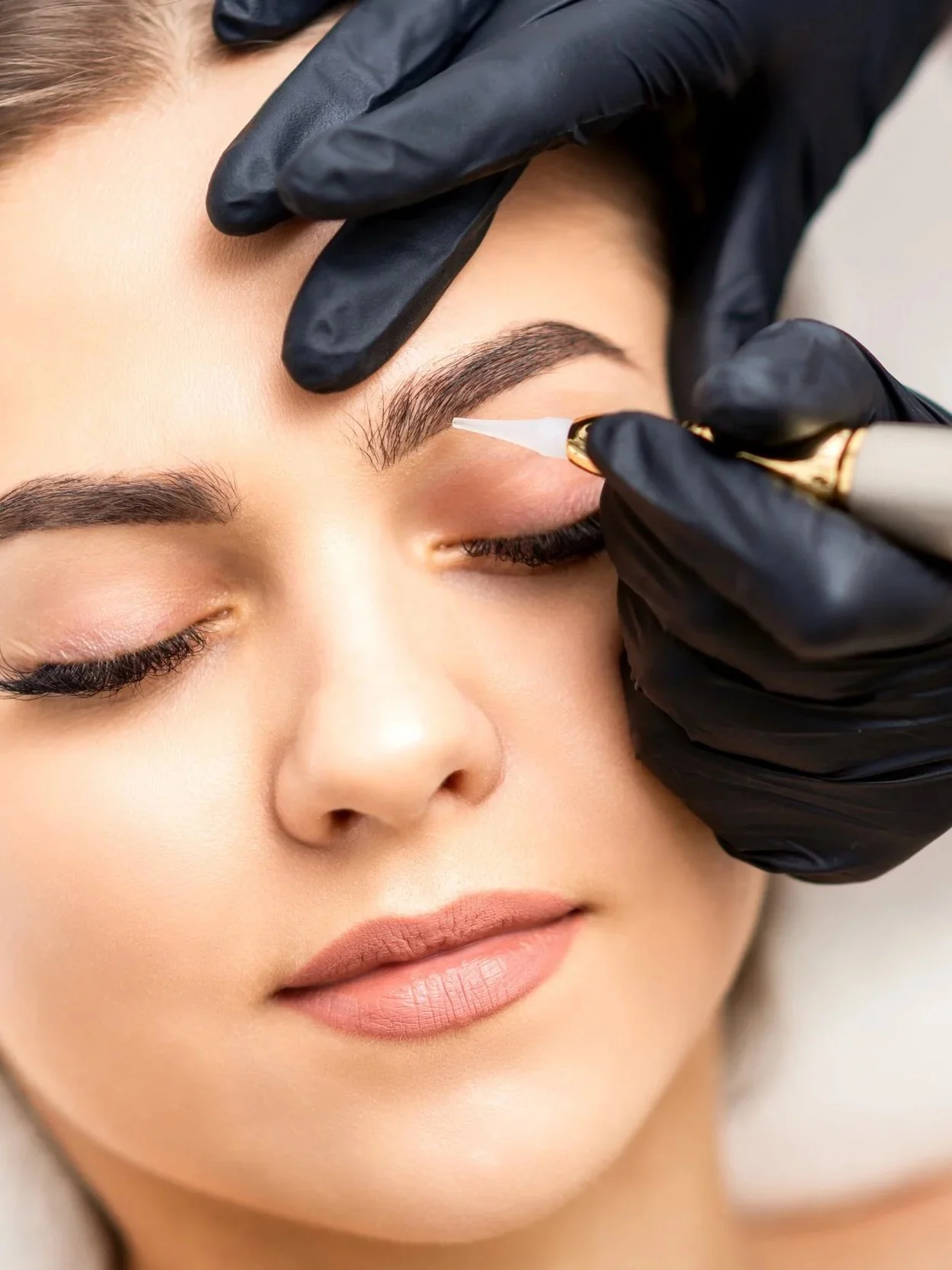 A woman receiving a cosmetic tattooing procedure on her eyebrow from a professional wearing black gloves.