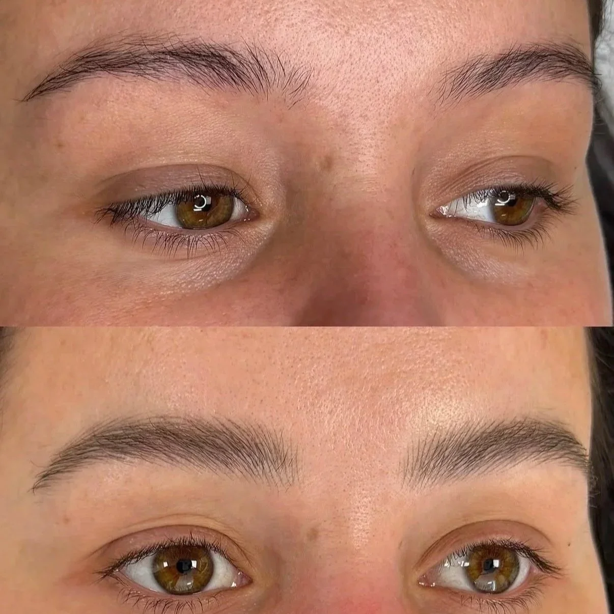 Comparison of a person's eyebrows before and after grooming, showing the eyebrows in the top and bottom parts of the image.
