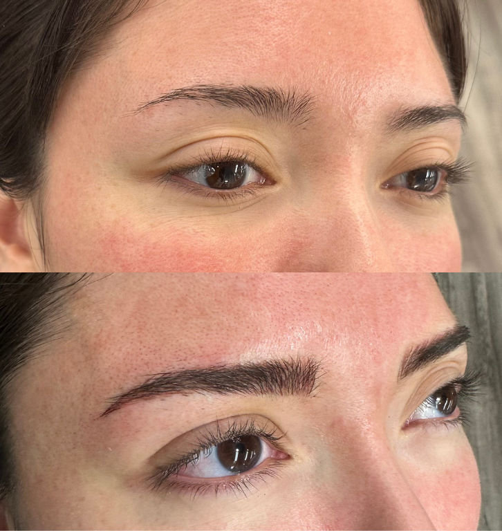 Close-up comparison of eyebrows before and after Microblading, showing natural eyebrows with slight differences in shape and fullness.