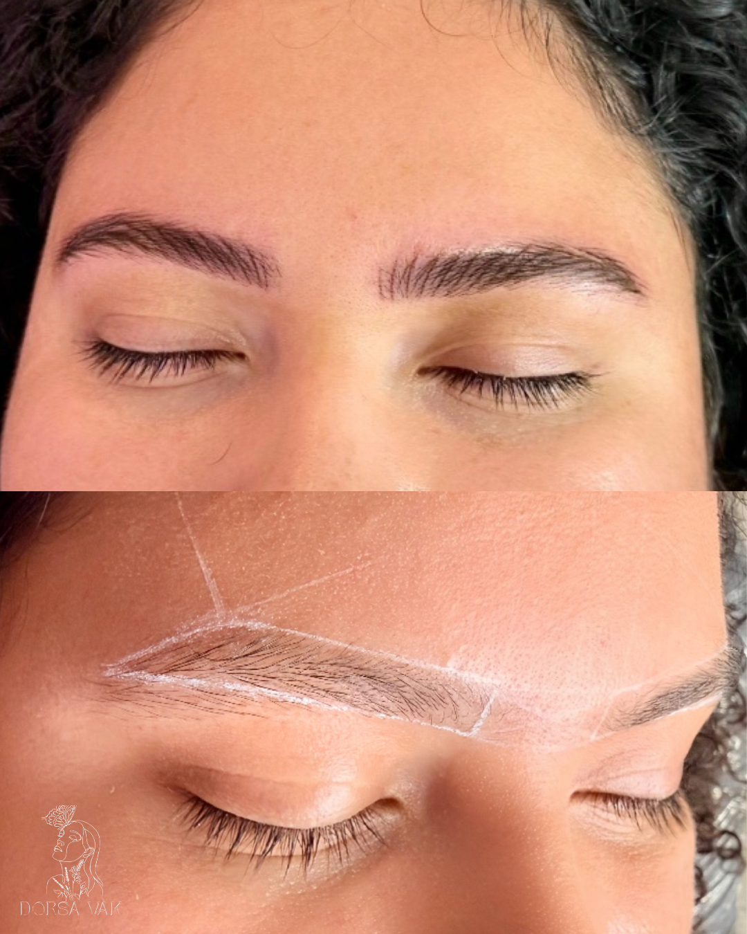 Close-up of a person's face with eyes closed, showing eyebrows nanobladed. The second image shows the same person before a cosmetic procedure with white guidelines drawn around the eyebrows.