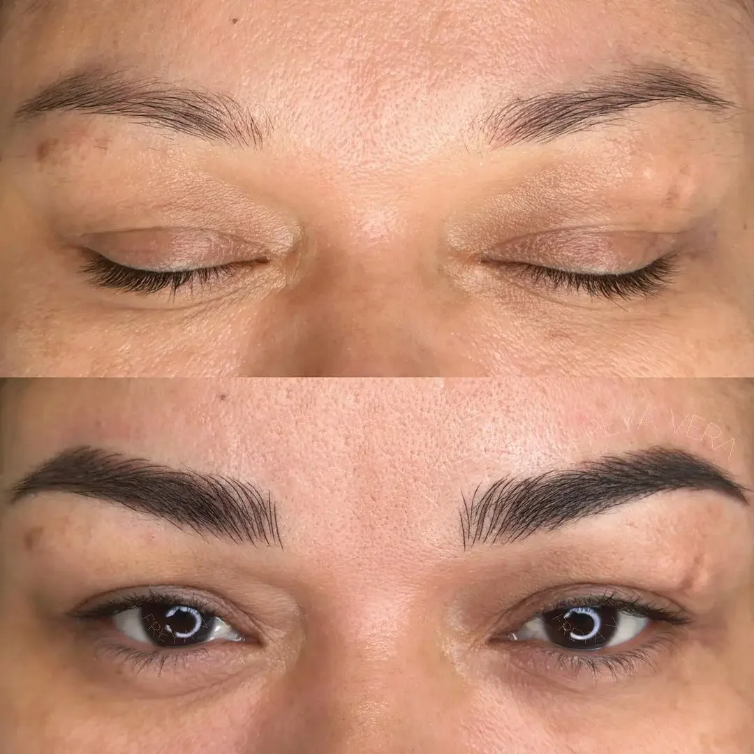 Comparison of eyebrows before and after combo brows, with the top showing natural eyebrows and the bottom showing freshly done, filled-in eyebrows.