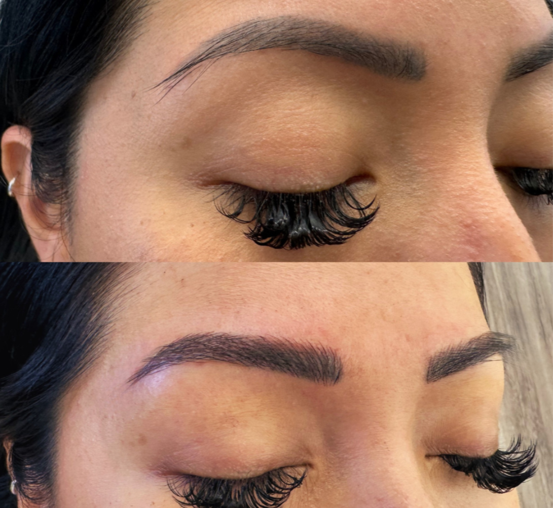 Close-up of a woman's eye area showing before and after correction of an old eyebrows tattoo.