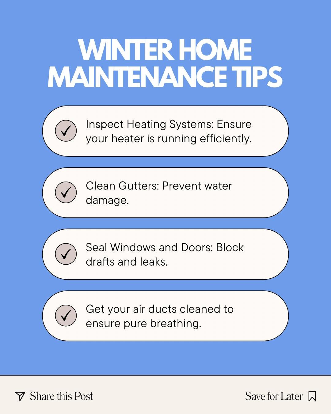 Your home works harder in the winter &mdash; make sure it&rsquo;s ready ❄️🔥

Proper heating checks, sealed windows, clean gutters, and fresh air ducts can make all the difference.