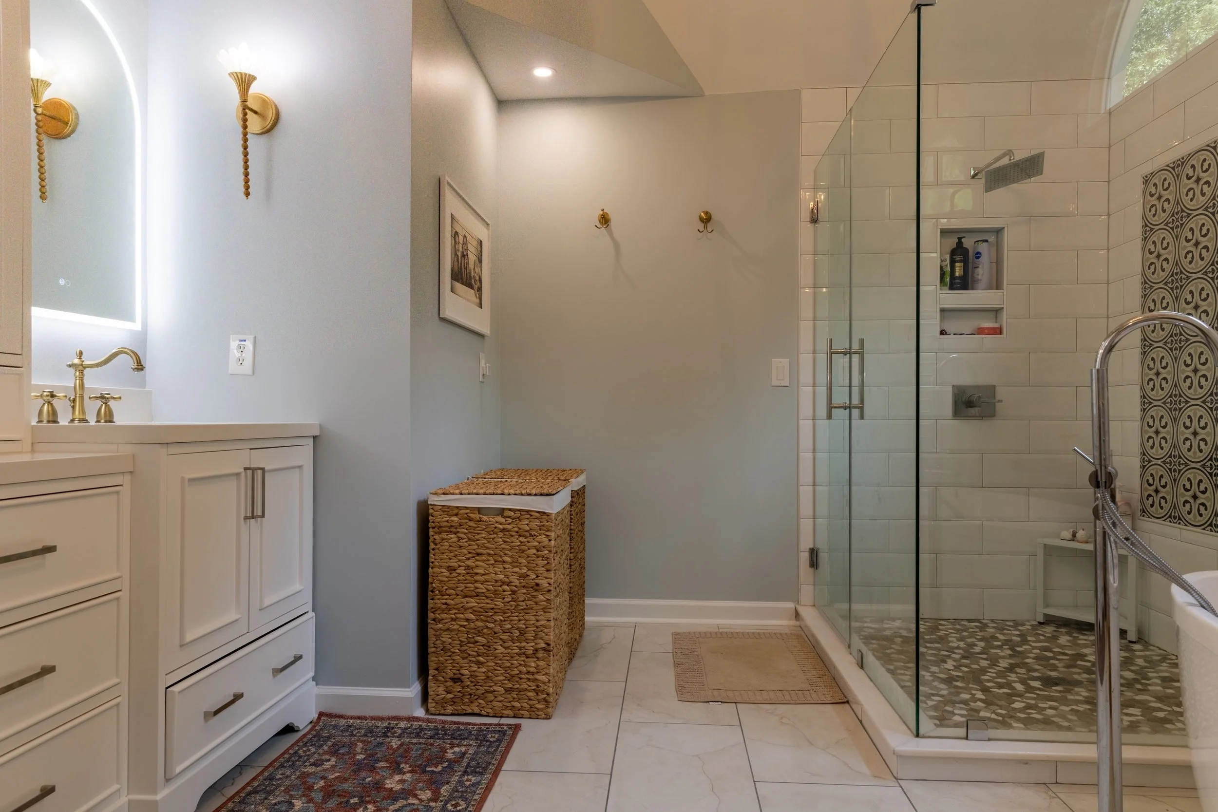 Frameless Glass Shower with Pebble Floor