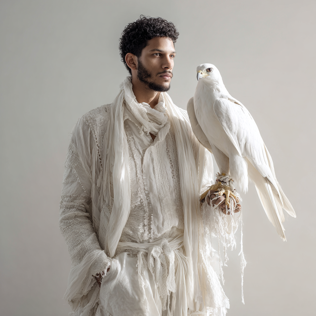 A man dressed in white holding a white falcon on his gloved hand.