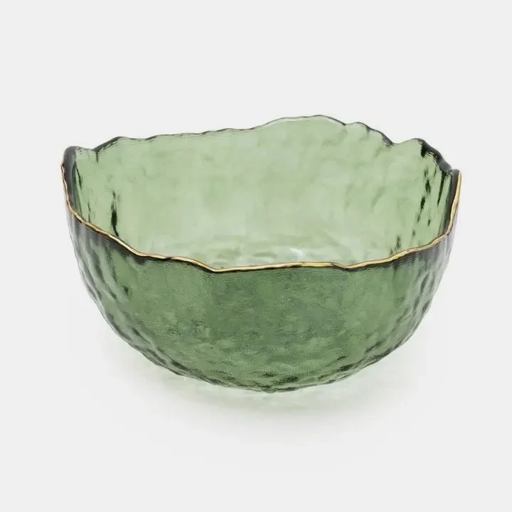 Medium Wavy Bowl With Gold Rim | Green Glass | 17cm Bowl | Decor Bowl | Unique Bowl | Glass Bowl | Gold Bowl | Gold Rim | Gold Rim Bowl | Fruit Bowl | Ya Soko