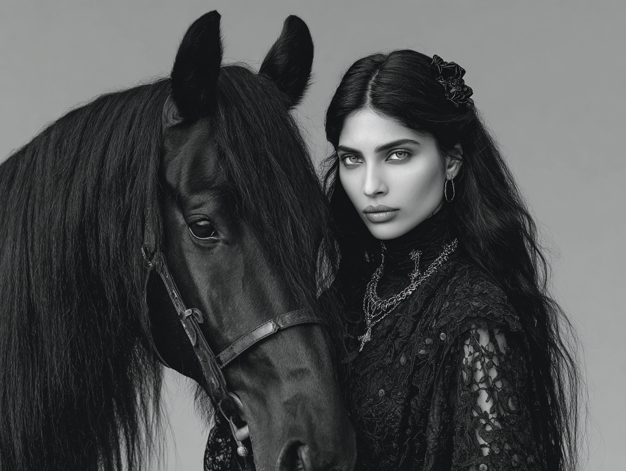 Black and white portrait of a woman with long dark hair, wearing a lace top and jewelry, standing close to a black horse, against a plain background.