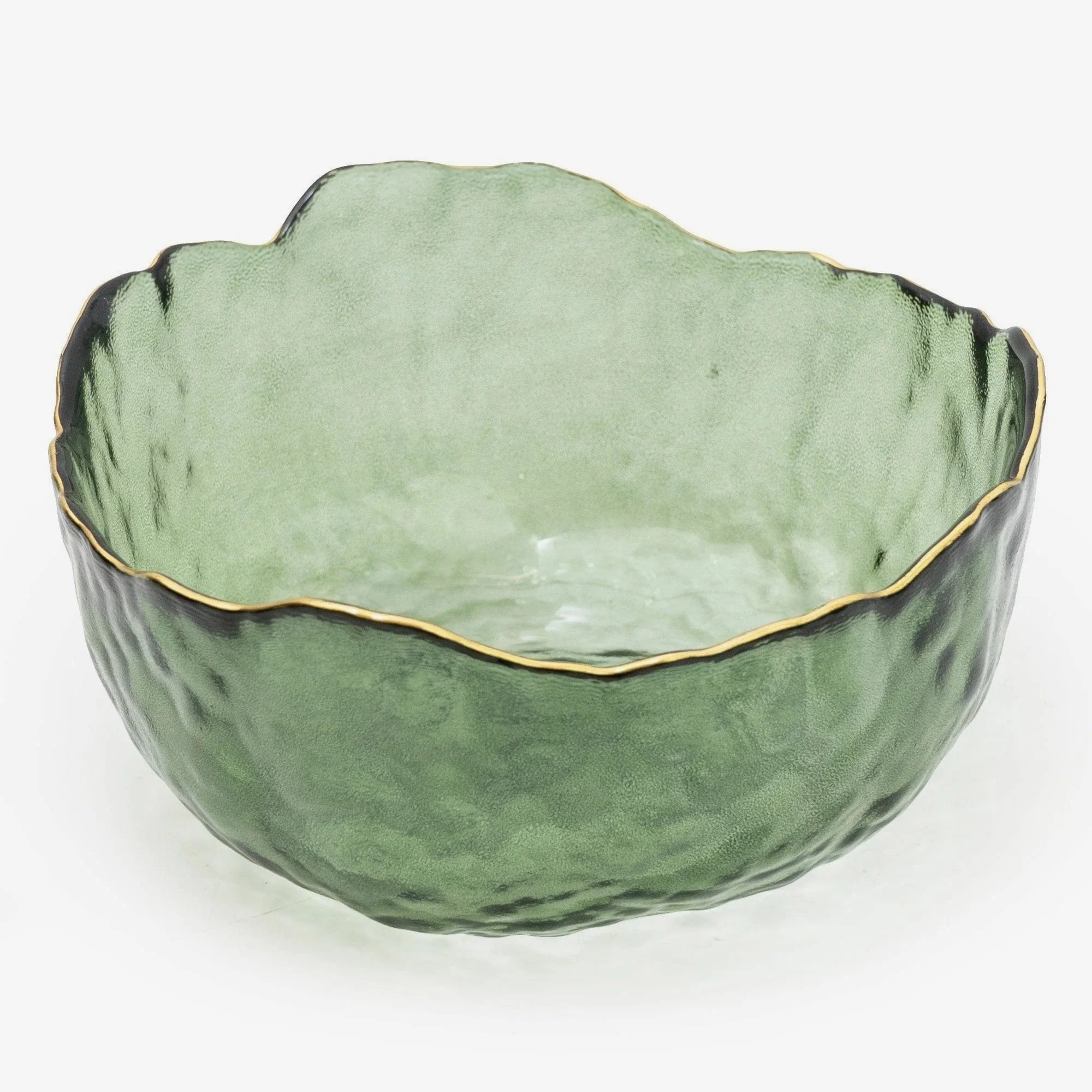 Large Wavy Bowl With Gold Rim | Green Glass | 20cm Bowl | Decor Bowl | Unique Bowl | Glass Bowl | Gold Bowl | Gold Rim | Gold Rim Bowl | Fruit Bowl