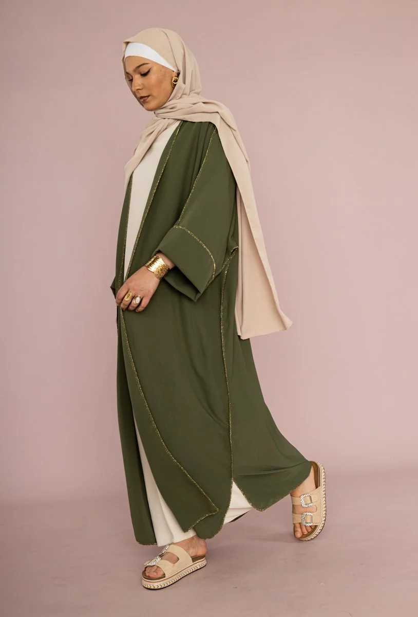 Khaki | Casual Kimono With Belt | Gold Stitching