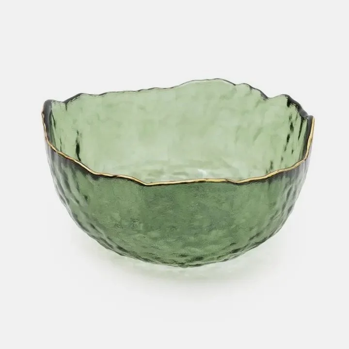 Small Wavy Bowl With Gold Rim | Green Glass | 13cm Bowl | Decor Bowl | Unique Bowl | Glass Bowl | Gold Bowl | Gold Rim | Gold Rim Bowl | Fruit Bowl | Ya Soko