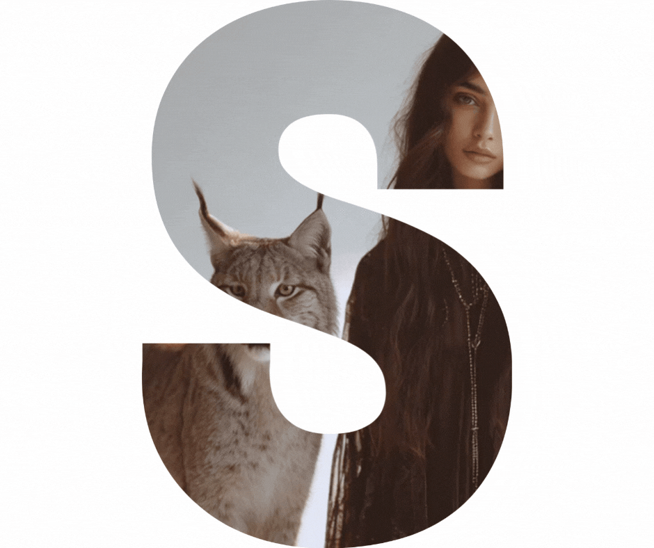 A large letter S with a woman and a lynx inside of it, both partially visible. At YA SOKO