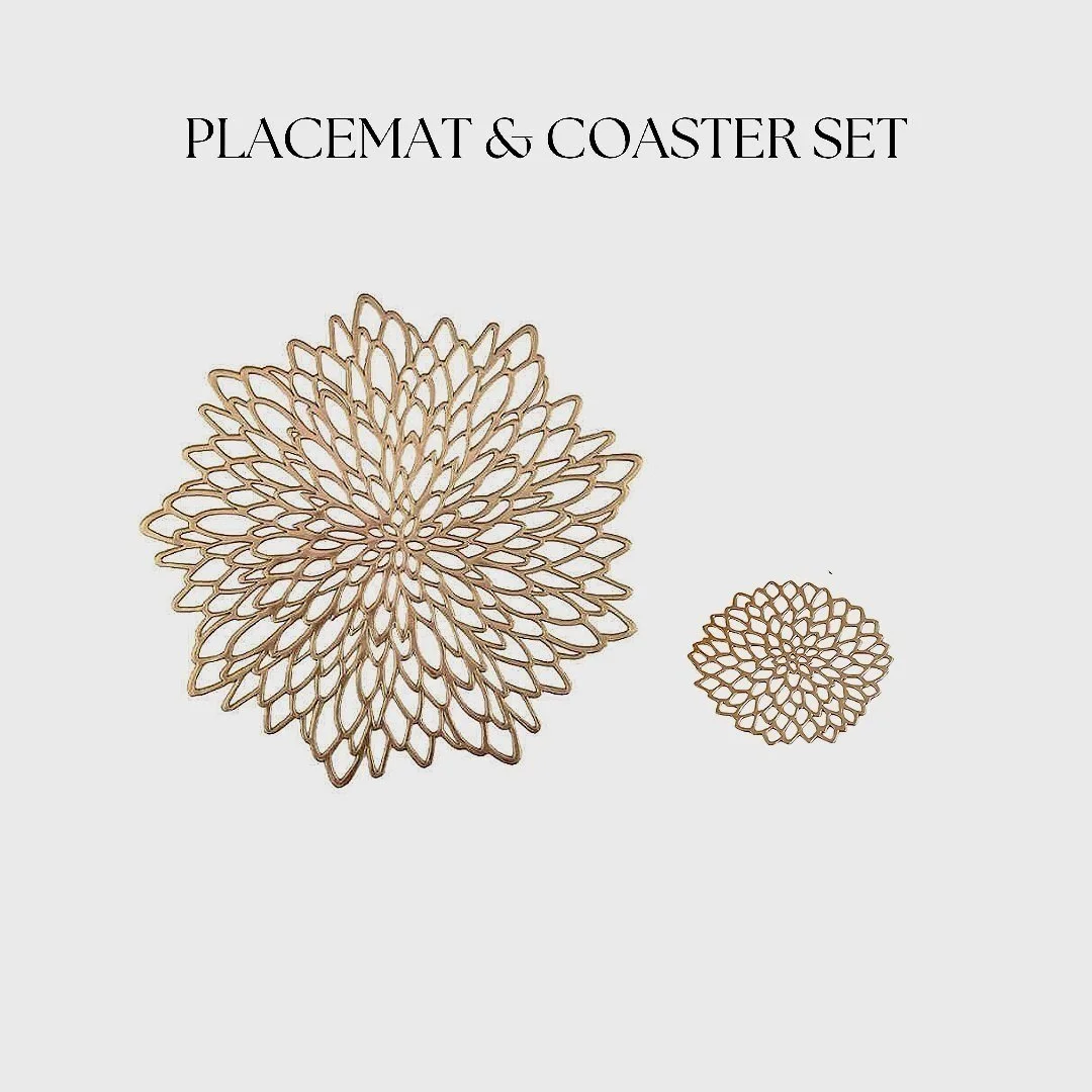 Gold Floral | Placemats & Coasters | Set Of 8 Pieces | 4 Placemats & 4 Coasters | Ya-Soko