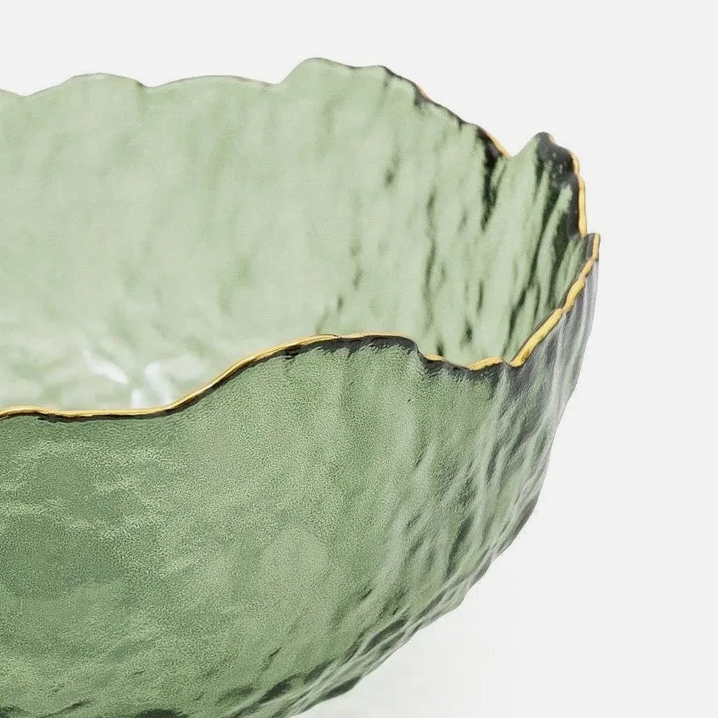 Medium Wavy Bowl With Gold Rim | Green Glass | 17cm Bowl | Decor Bowl | Unique Bowl | Glass Bowl | Gold Bowl | Gold Rim | Gold Rim Bowl | Fruit Bowl | Ya Soko