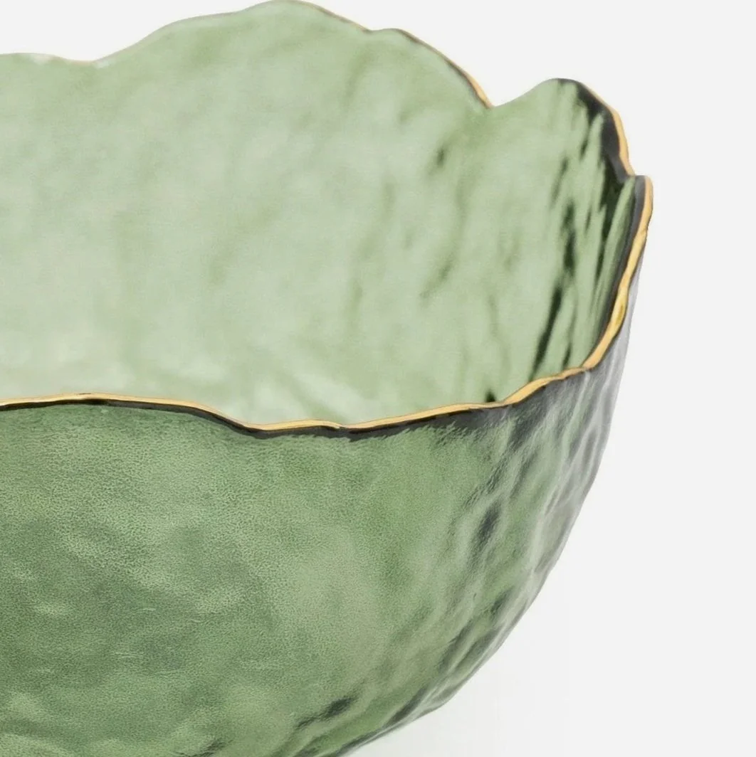 Small Wavy Bowl With Gold Rim | Green Glass | 13cm Bowl | Decor Bowl | Unique Bowl | Glass Bowl | Gold Bowl | Gold Rim | Gold Rim Bowl | Fruit Bowl | Ya Soko
