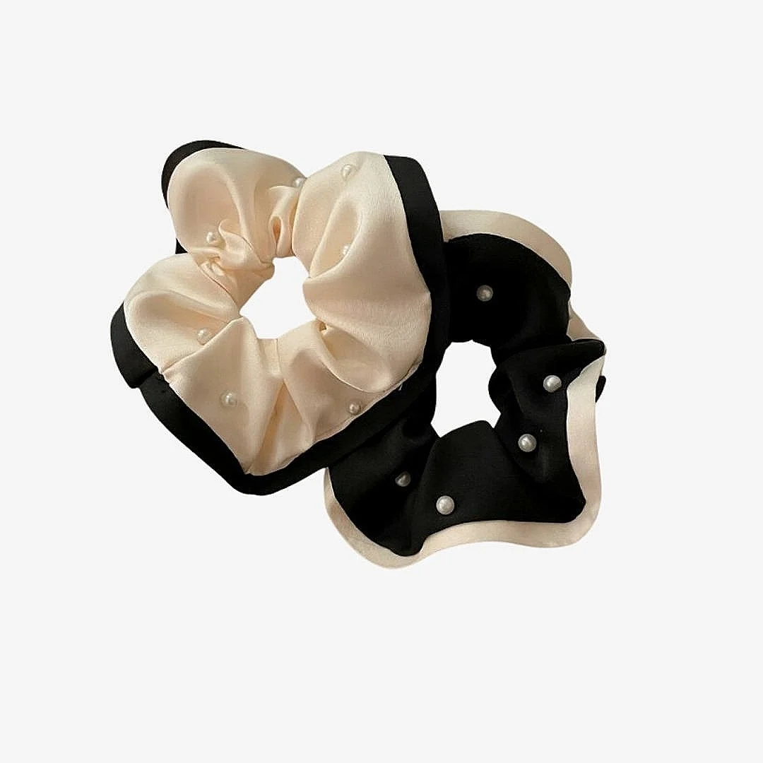 Pearl Hair Scrunchies | Black & Cream | Set Of 2