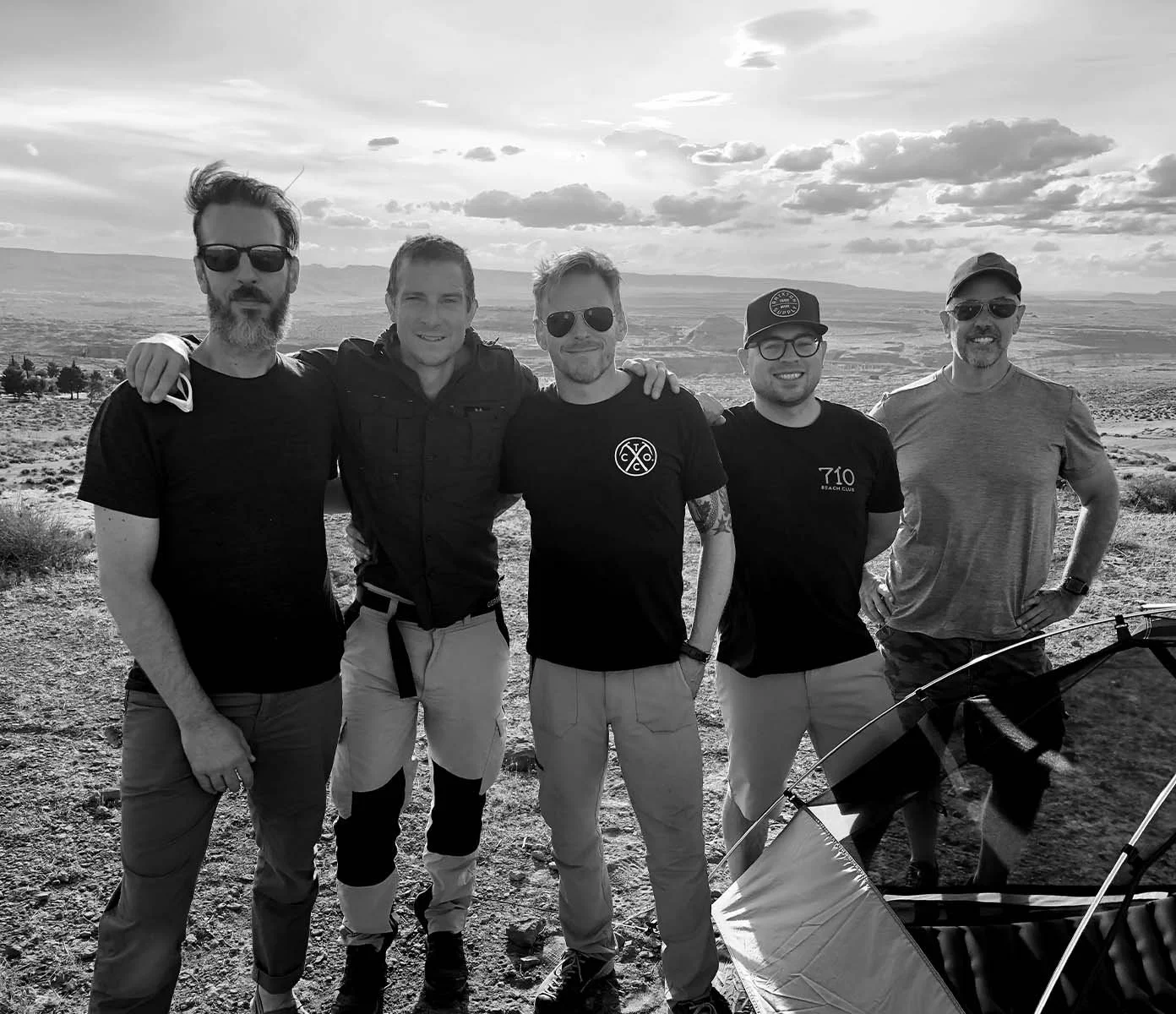 Bear Grylls product design review meeting in the desert
