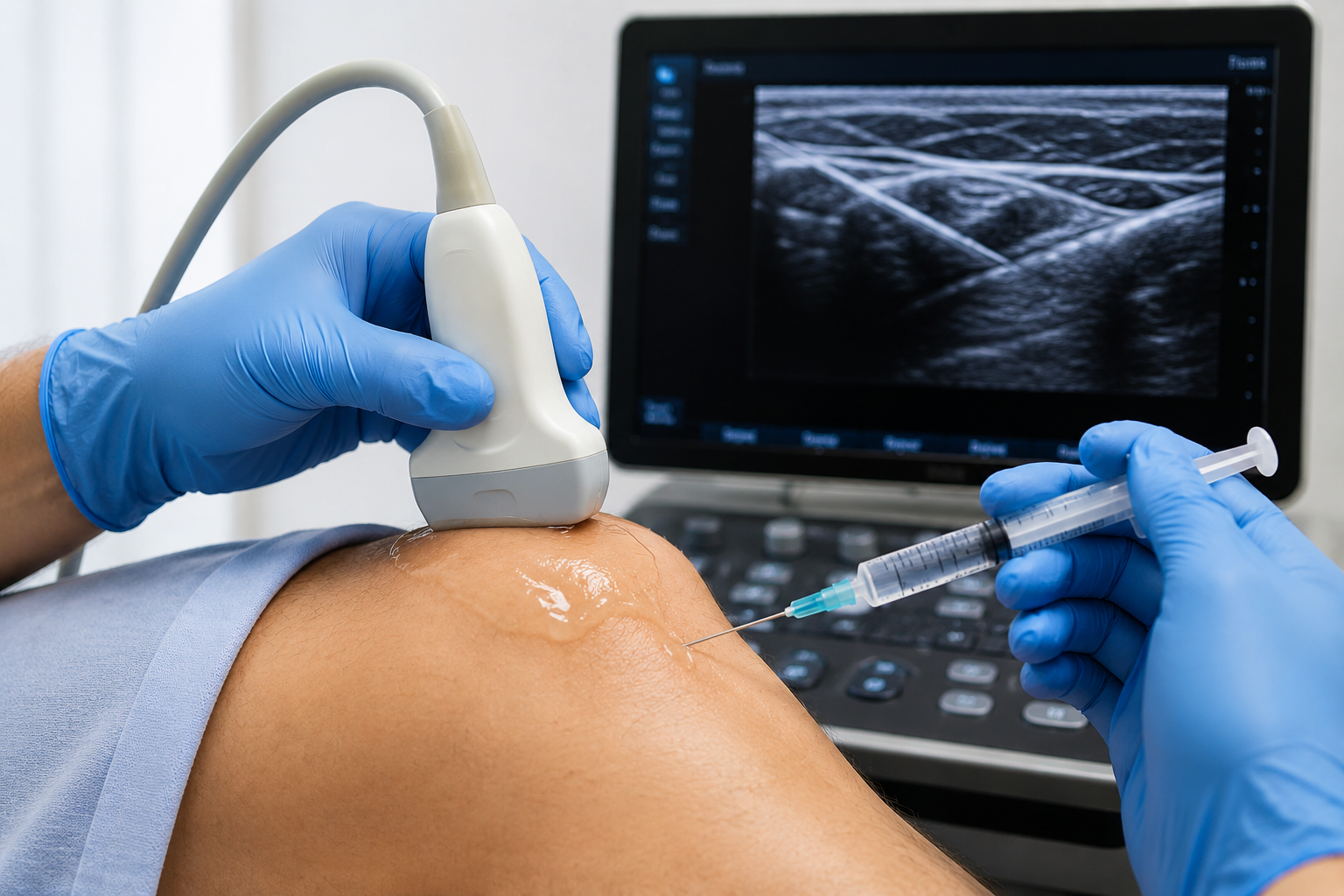 A medical professional wearing blue gloves administering an injection into a patient's shoulder while an ultrasound machine displays an image of the shoulder's internal structures.