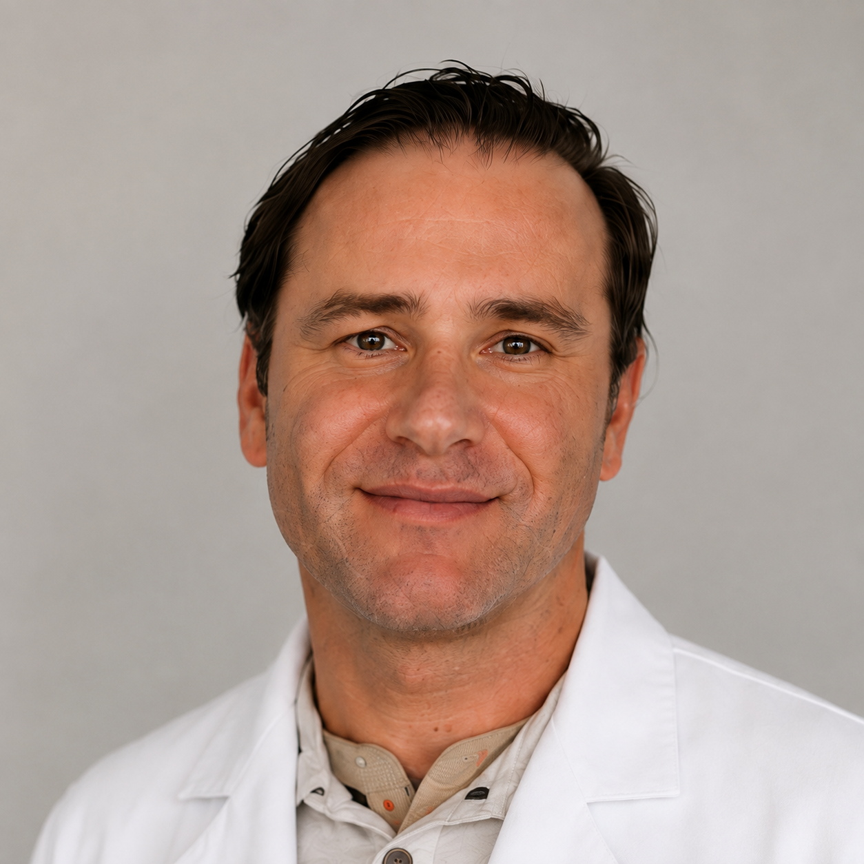 A young man with brown hair wearing a white lab coat over a gray collared shirt, standing in front of a blue background.