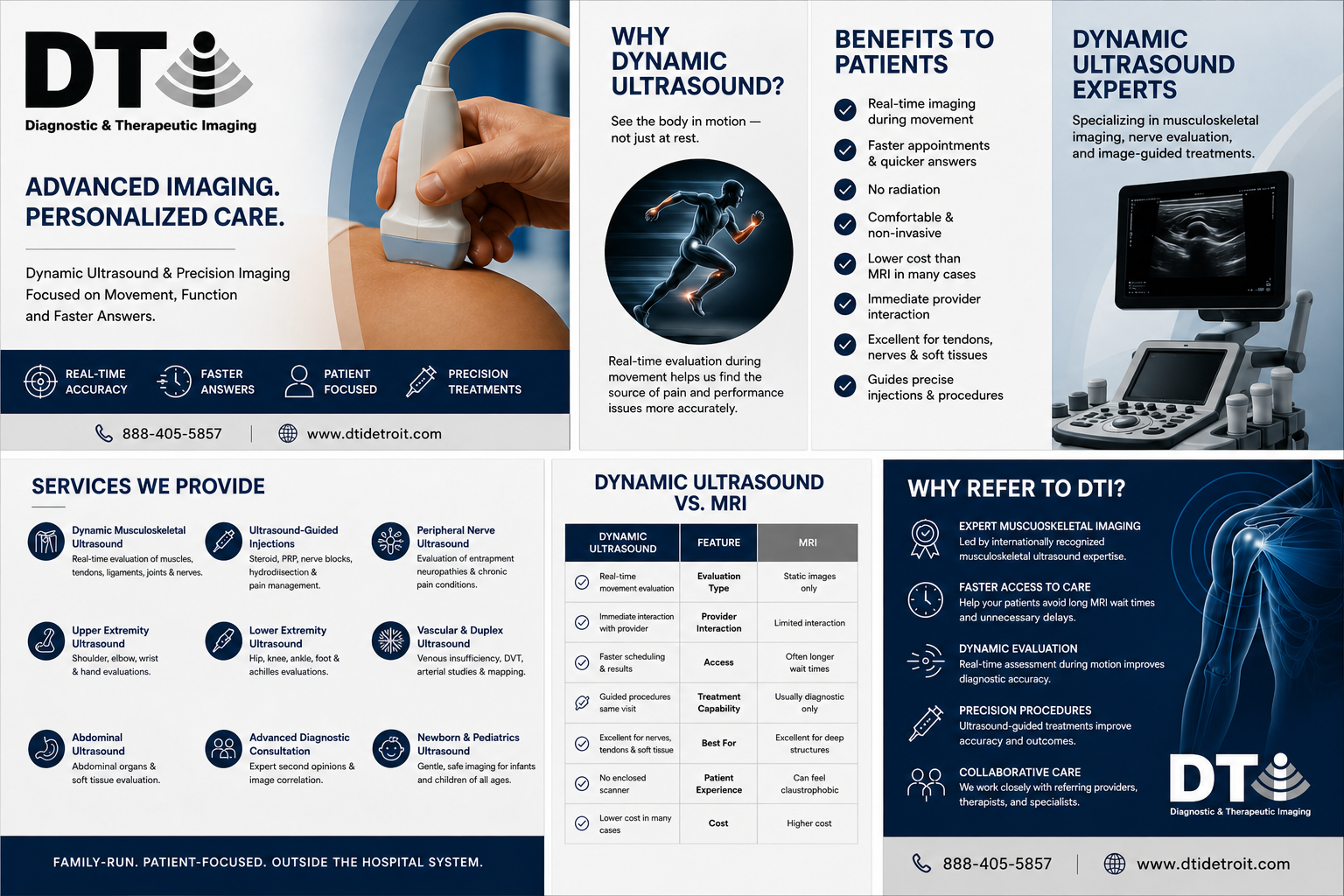 An informational infographic from DT regarding advanced imaging technologies, highlighting the benefits of dynamic ultrasound, services offered, comparison of ultrasound and MRI, and reasons to choose DT for musculoskeletal imaging with contact information at the bottom.