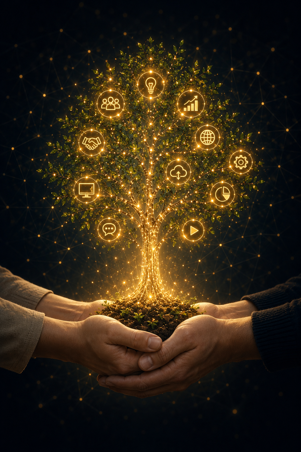 Two hands holding a glowing tree with digital icons representing technology and connectivity.