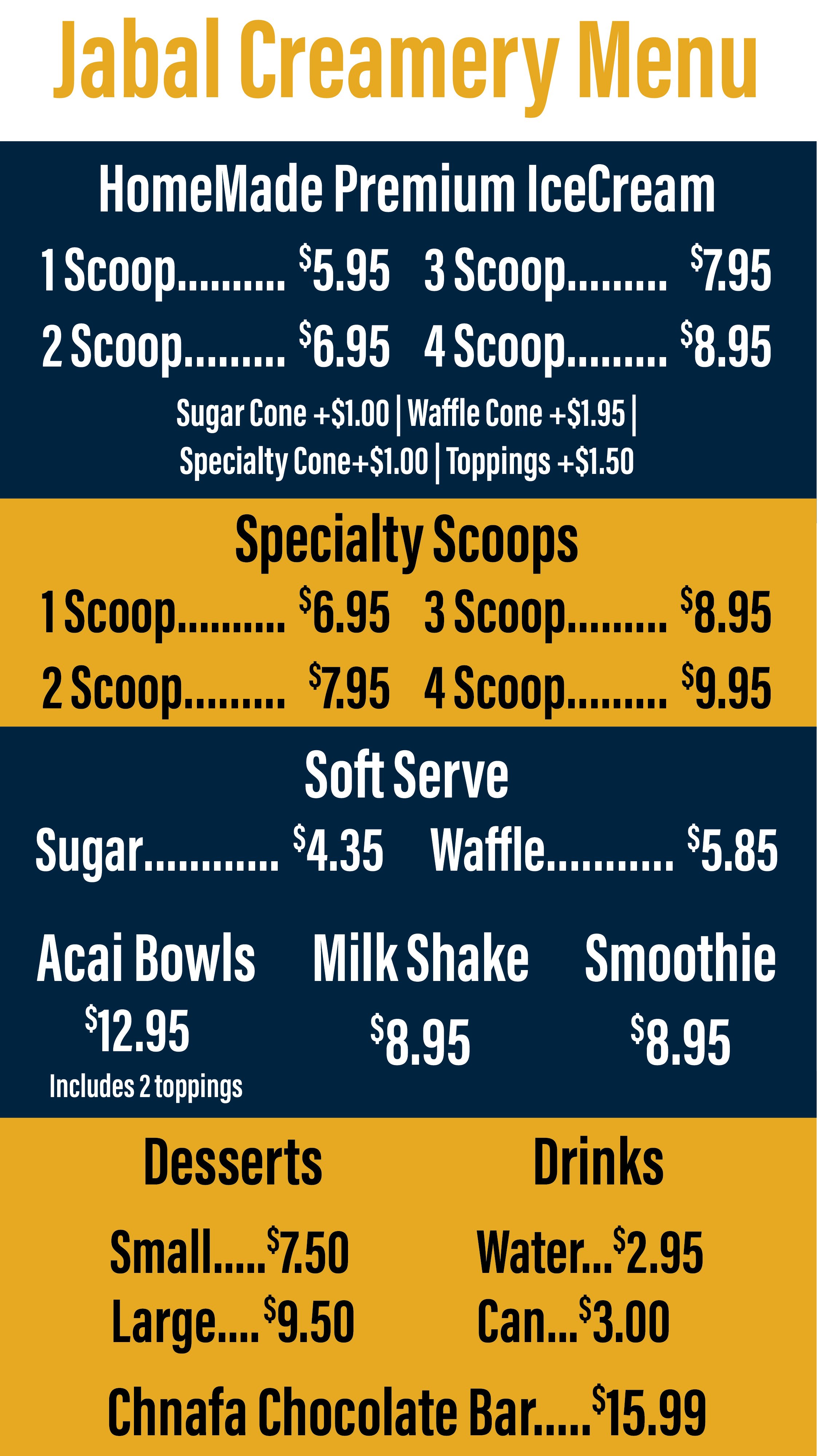 Jabal Creamery Menu