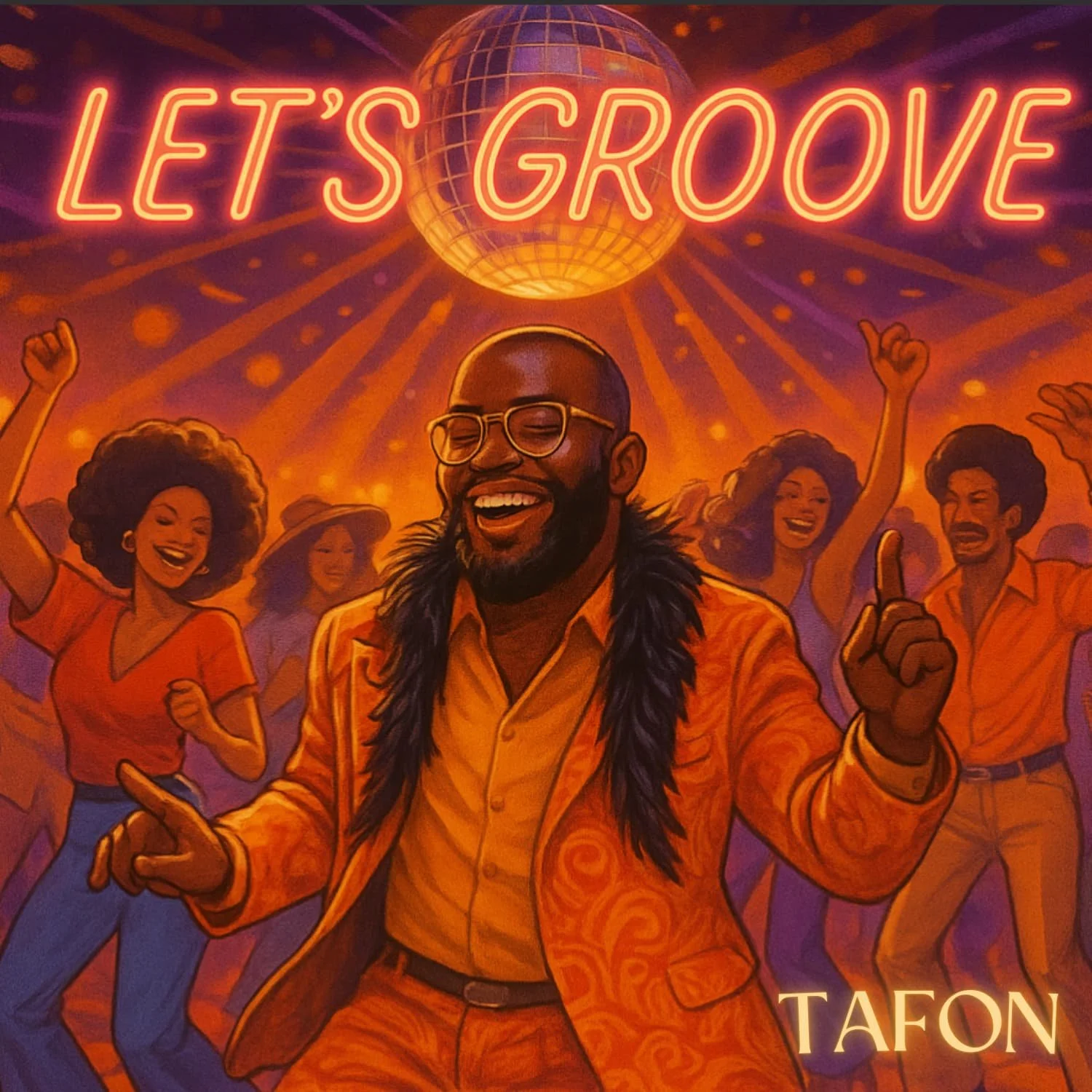 Colorful illustration of a lively dance scene with a man with glasses and a beard in the foreground, wearing a bright orange suit with a black fur collar, smiling and dancing under a neon sign that says "Let's Groove" with a disco ball above. There are four other joyful dancers in the background, all dressed in 70s-style clothing.