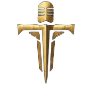 A gold and black sword with a microphone at the top, overlaid with a scabbard.