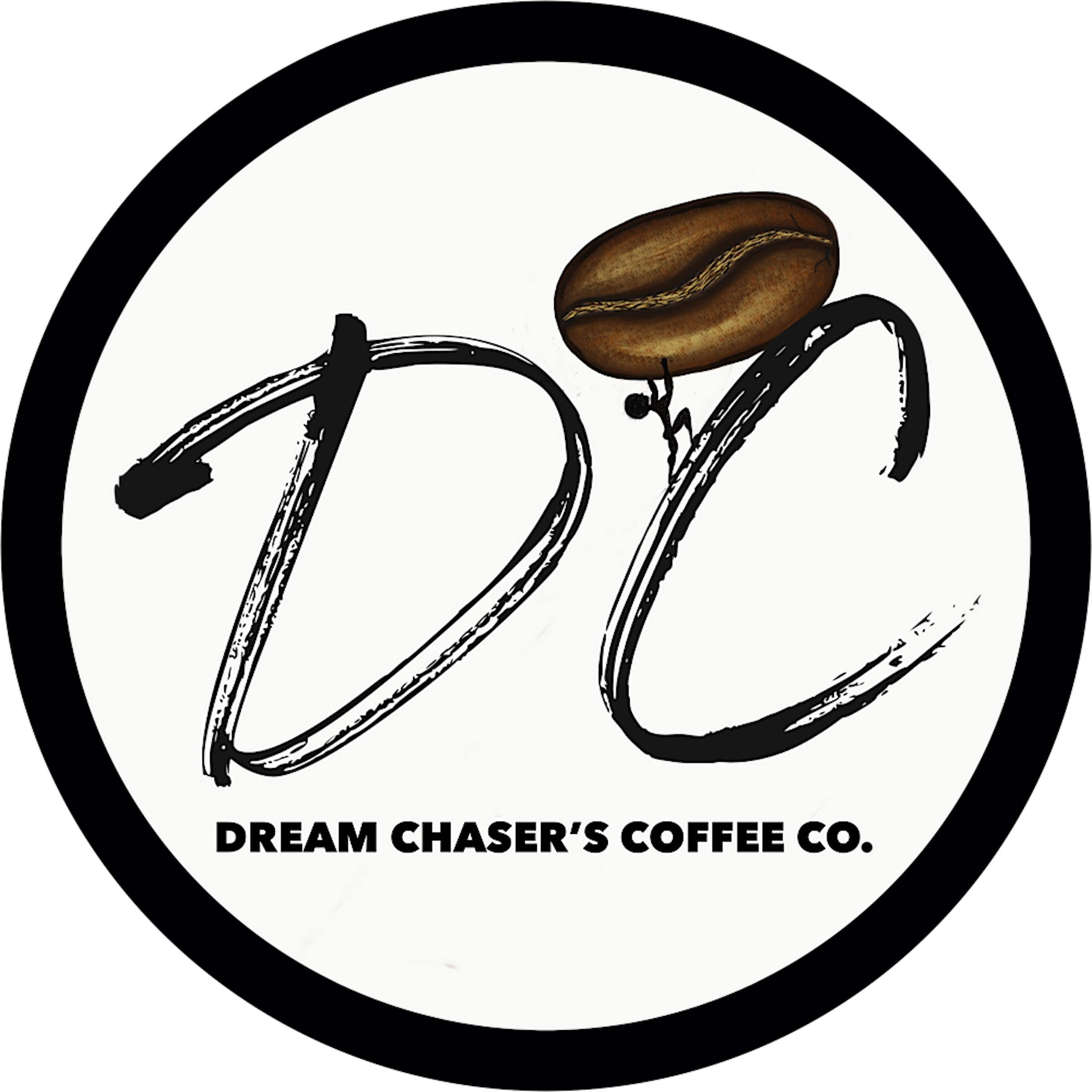 Logo of Dream Chaser's Coffee Co. featuring the letters 'DC' in a stylized script with a coffee bean image above the letter D and the company name below.