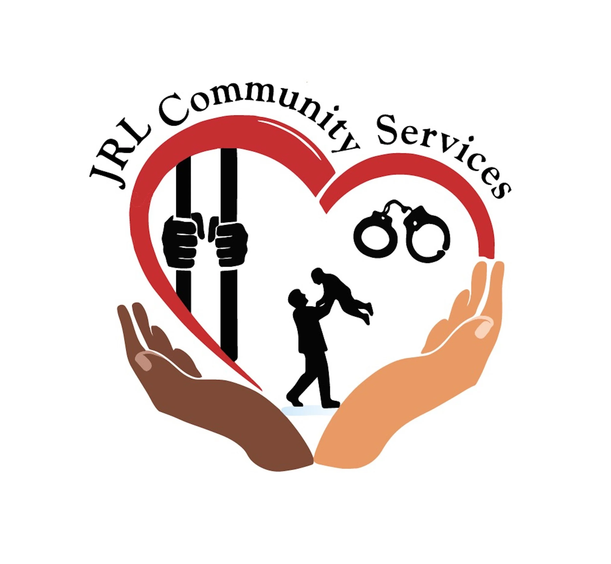 Logo for JRLC Community Services featuring a heart shape with a red outline, two hands supporting it, handcuffs, a person holding a child inside the heart, and the text "JRLC Community Services" above.