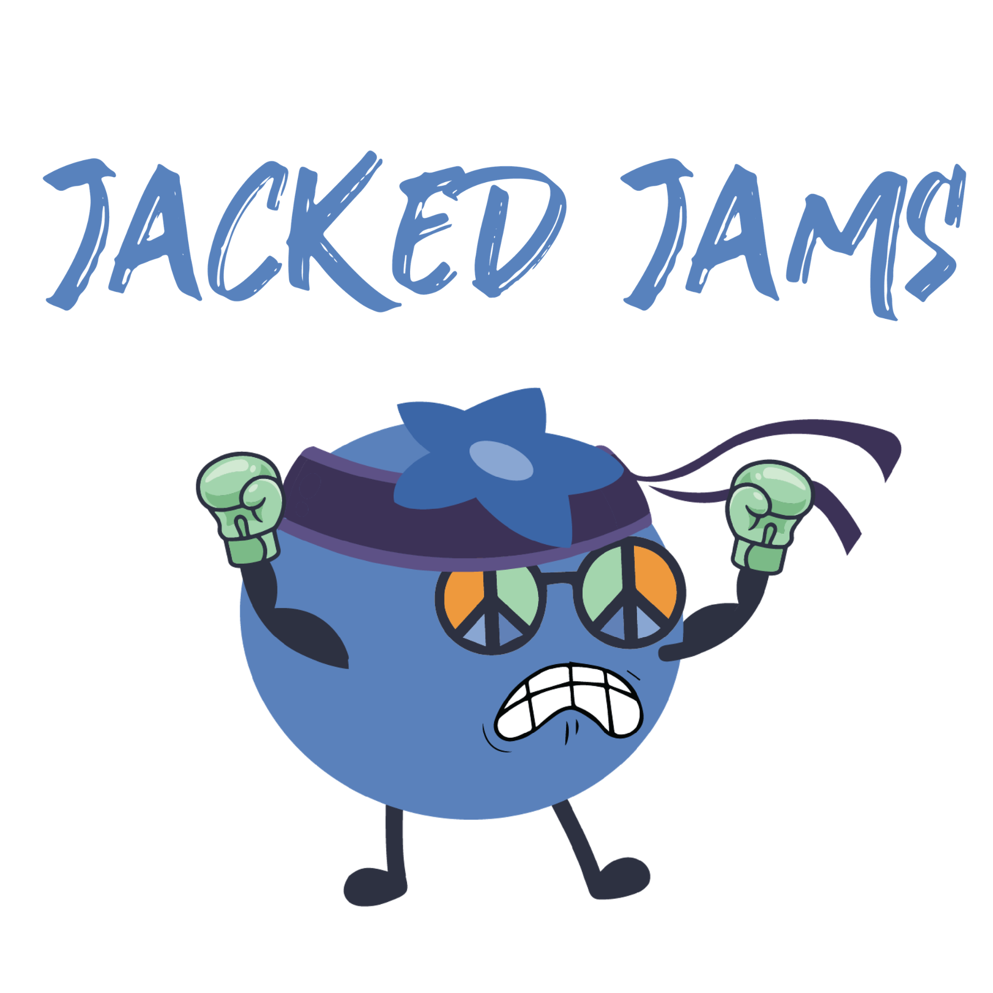 A cartoon blueberry character wearing sunglasses with peace signs, flexing its arms, and expressing a fierce or determined emotion with clenched teeth, with the words 'Jacked Jams' written above.