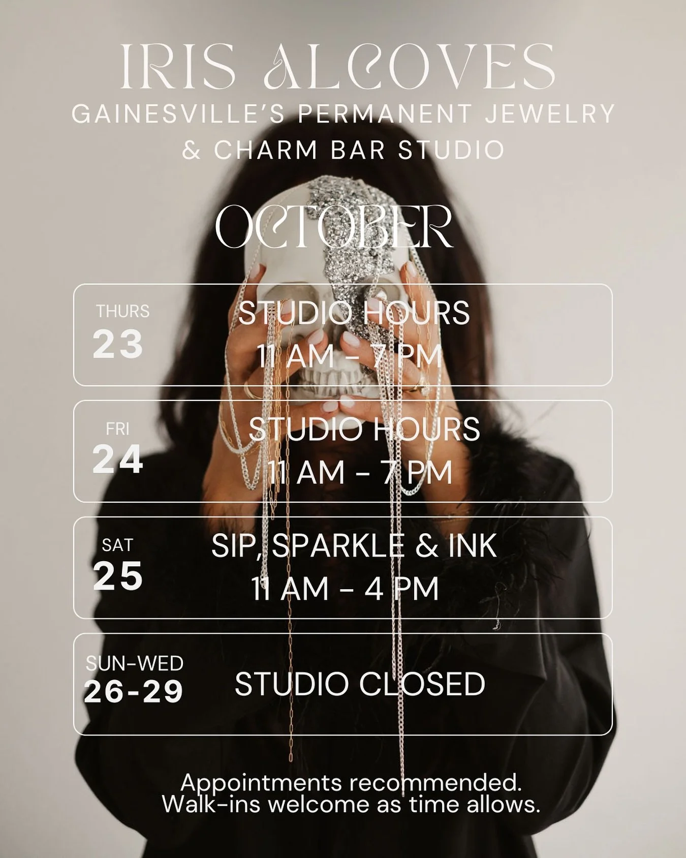 ✨This Week at Iris Alcoves✨

We&rsquo;re open Thursday + Friday 11&ndash;7 and gearing up for one of our favorite events of the year Sip, Sparkle &amp; Ink this Saturday! 💍☕️🖋️

Come hang with us 11&ndash;4 for:
&bull; Permanent Jewelry (with some 