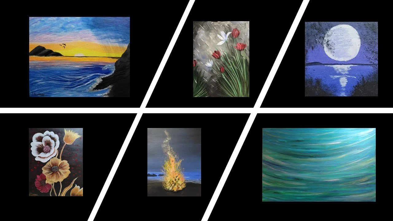 A collage of seven paintings featuring nature scenes, including a sunset over the ocean, flowers, moonlit water, a bonfire on the beach, and abstract water patterns.
