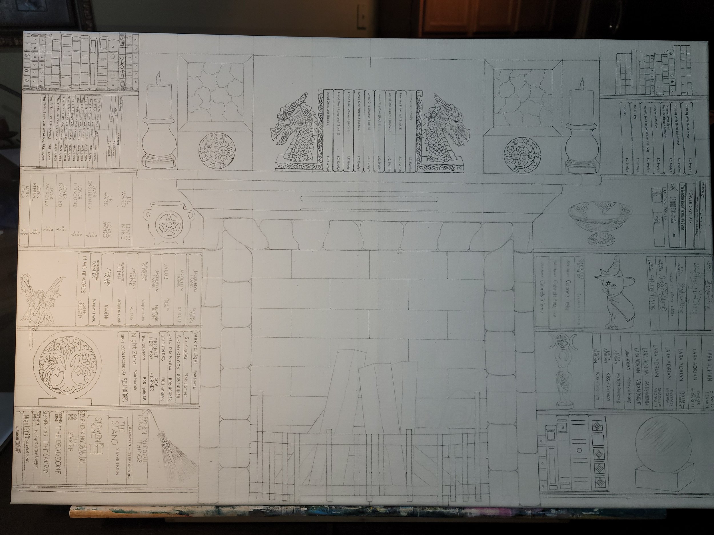 A detailed drawing featuring a fireplace with masonry bricks, surrounded by bookshelves, decorative items such as candles, a fairy, a witch, a crystal ball, and dragon heads.