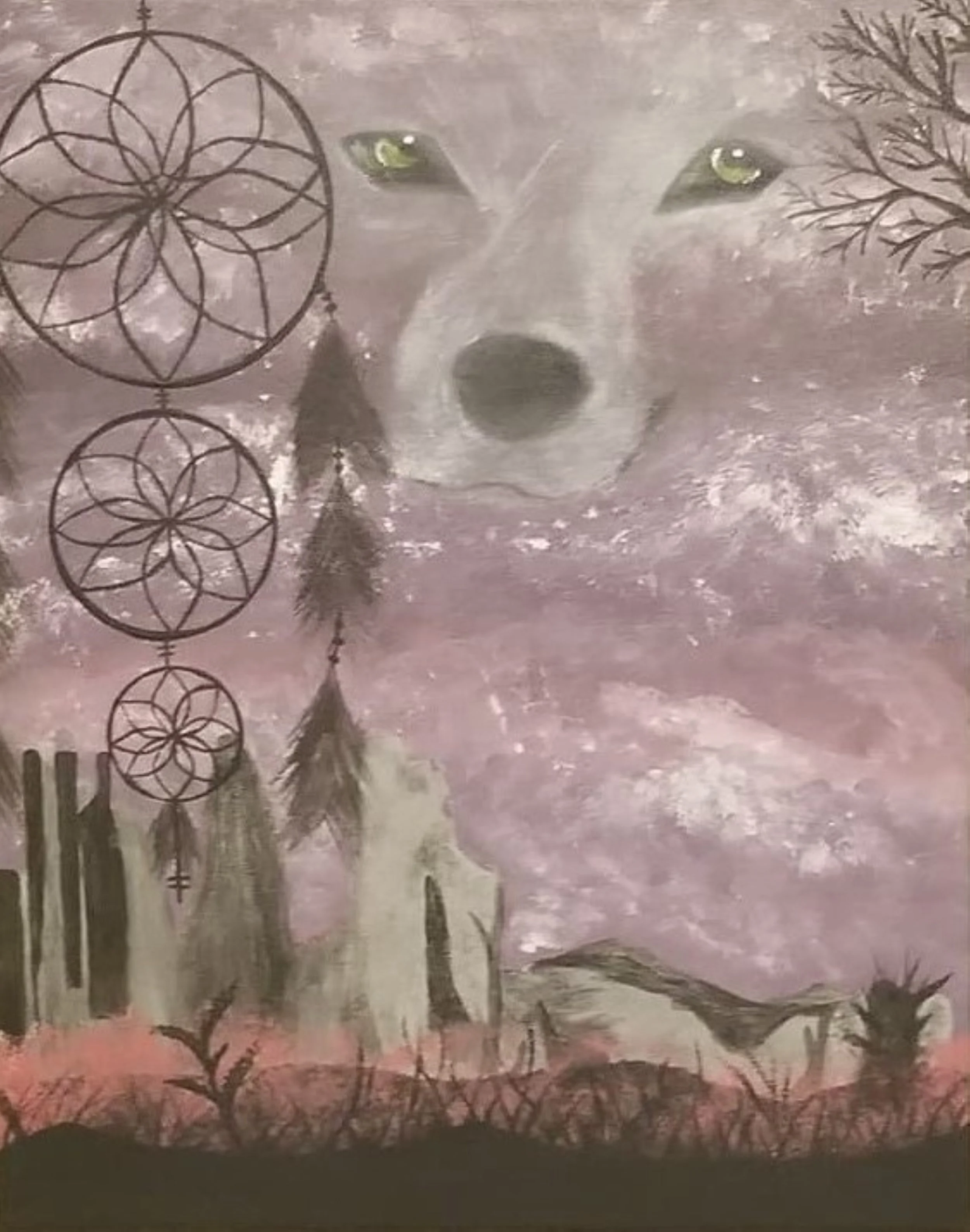 A painting of a wolf's face in a dreamy, mystical style with dreamcatchers and a silhouette of a wolf and a bird in front of the moon.