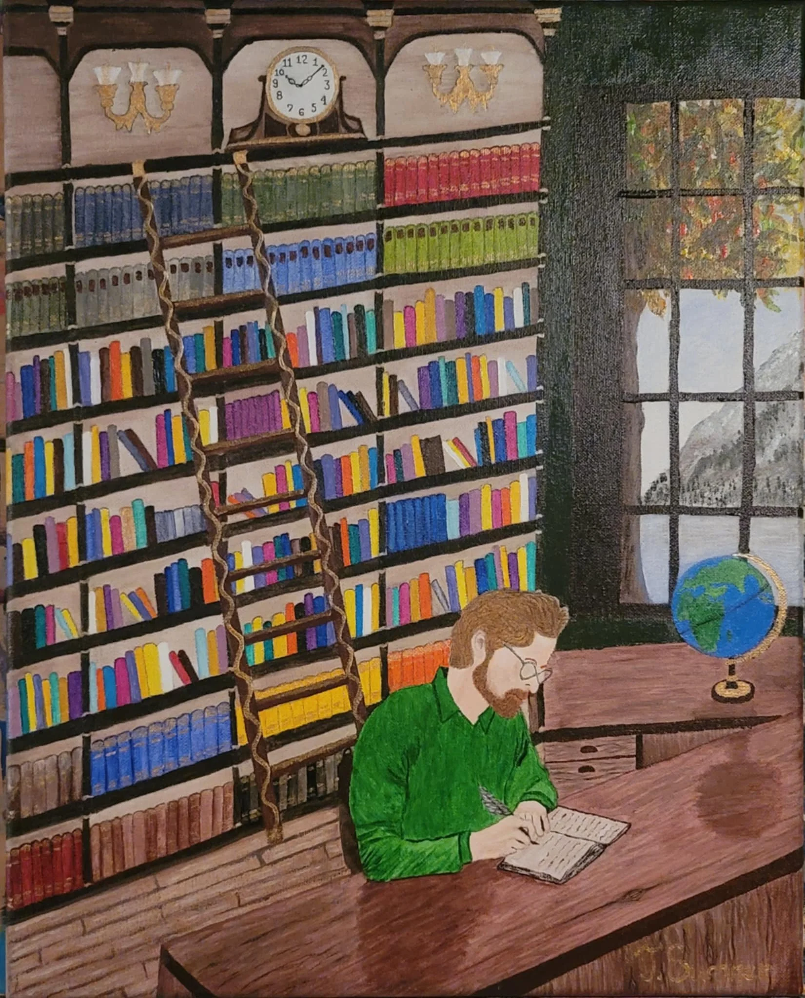 Painting of a man with glasses and a green shirt sitting at a wooden desk in a library. Behind him, there are bookshelves filled with colorful books, a ladder, a clock, and a window with a view of trees and mountains. A globe is on the desk near the window.