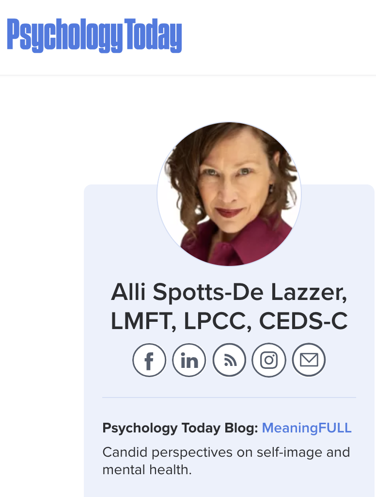 A professional social media profile page for Alli Spotts-De Lazzer, featuring her photo, name, credentials, social media icons, and a blog description about psychology and mental health.