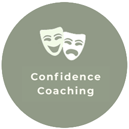 Theater happy and sad masks, with text: Confidence Coaching