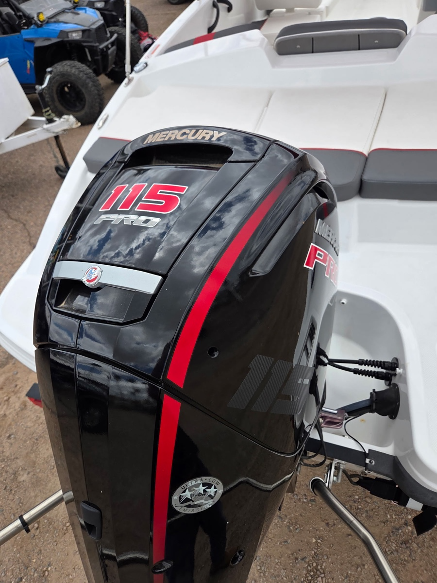 Black Mercury 115 Pro outboard motor attached to a white boat with gray cushions.