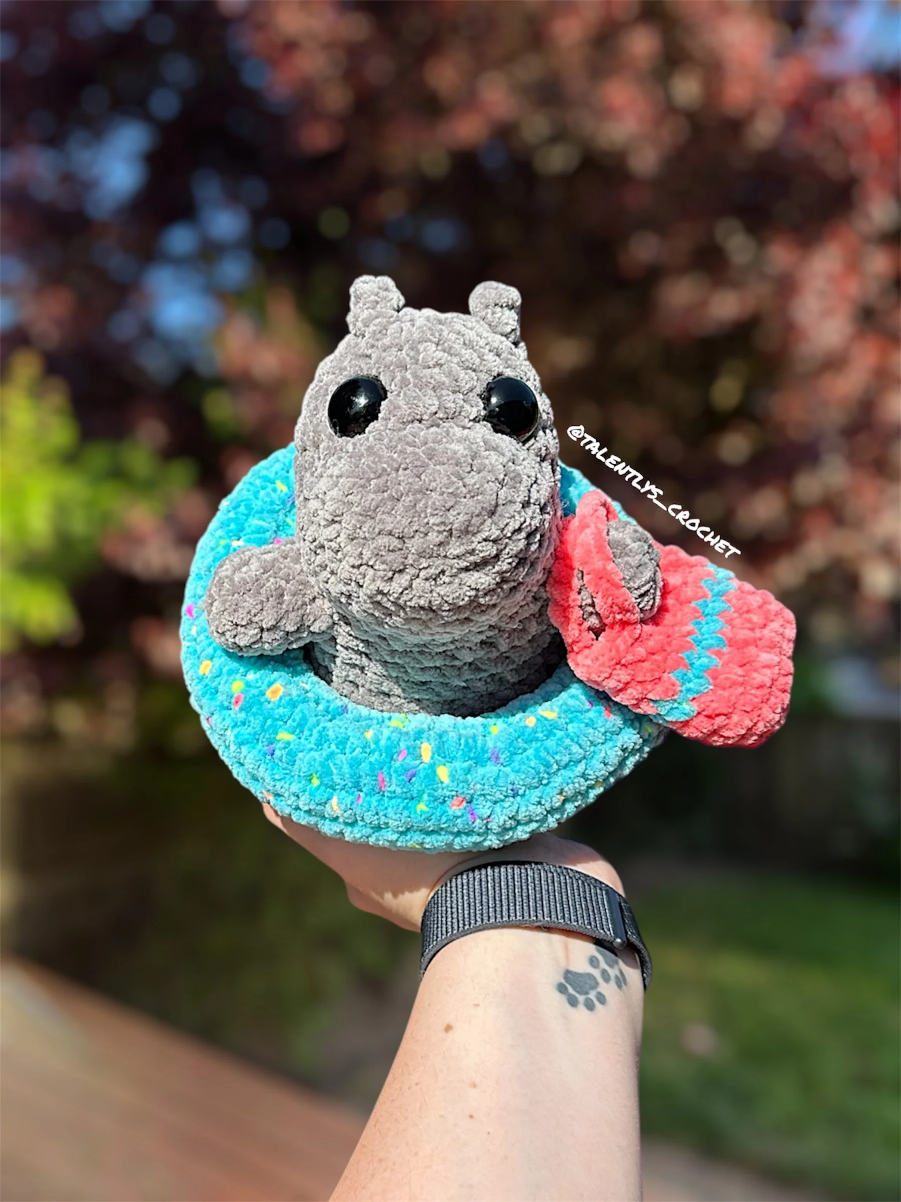 Description: Hippo with a Floatie |
Size: Medium |
Eyes: Black Safety Eyes |
Price: ~ $45