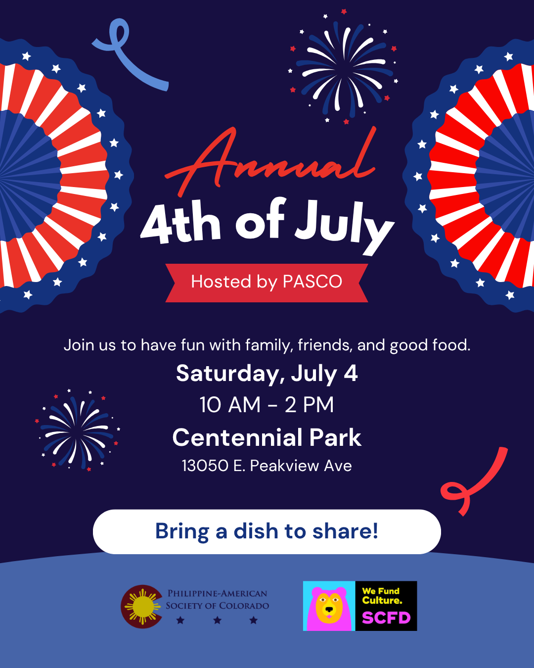 4th of July flier with fireworks decorations and information about the potluck and celebration being held from 10am to 2pm at Centennial Park.