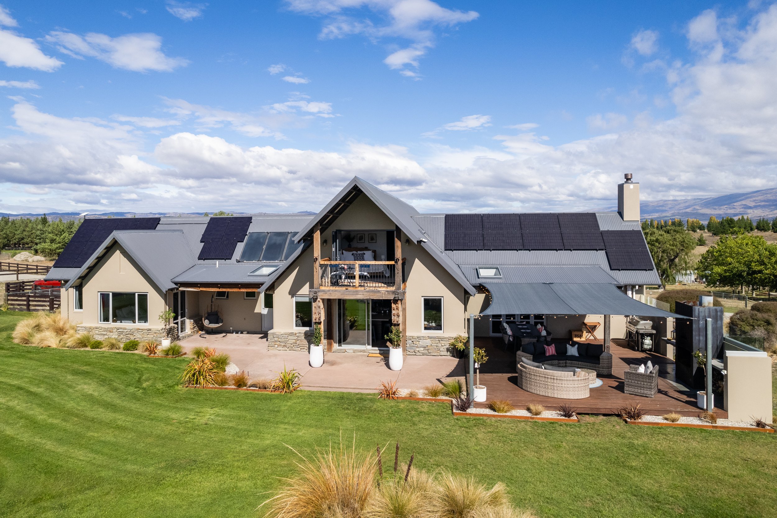 Kaihanu Lodge from the sky with its impressive solar installation helping you have conscience free stays