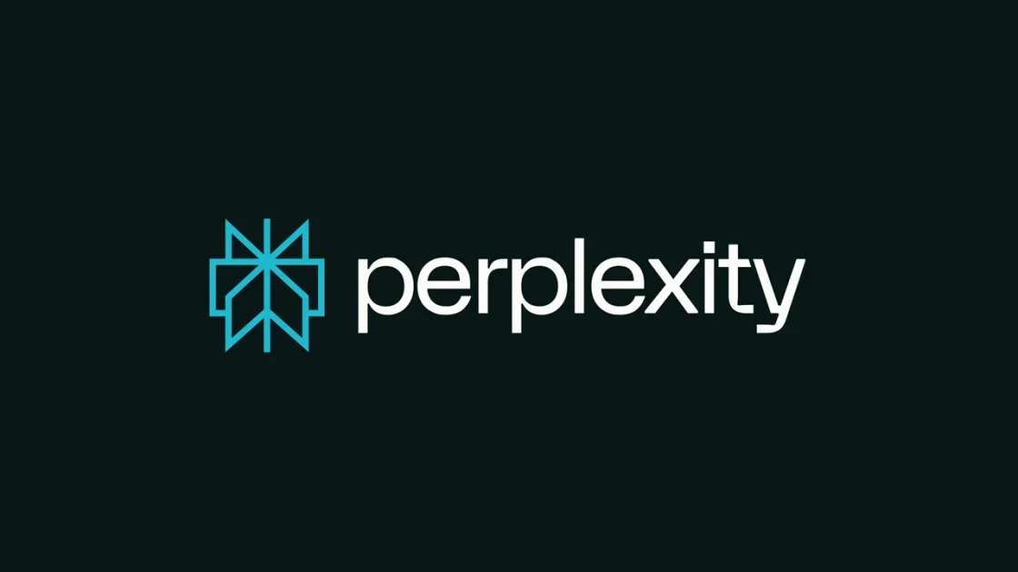 Perplexity logo with stylized geometric icon in shades of blue and the word 'perplexity' written in white on a dark background.